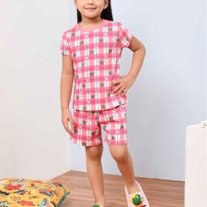 New Soft & Stylish Pink Checked And Teddy Bear Printed Night Suit Set for Girls