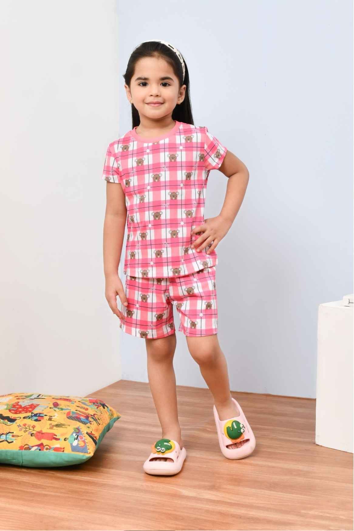 New Soft & Stylish Pink Checked And Teddy Bear Printed Night Suit Set for Girls