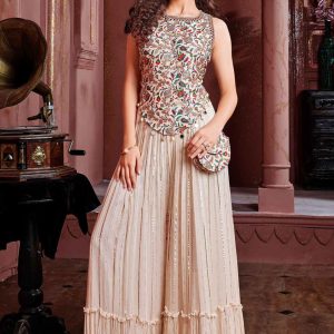 New Cream Embroidered Kurta And Palazzo Set With Sling Bag For Girls
