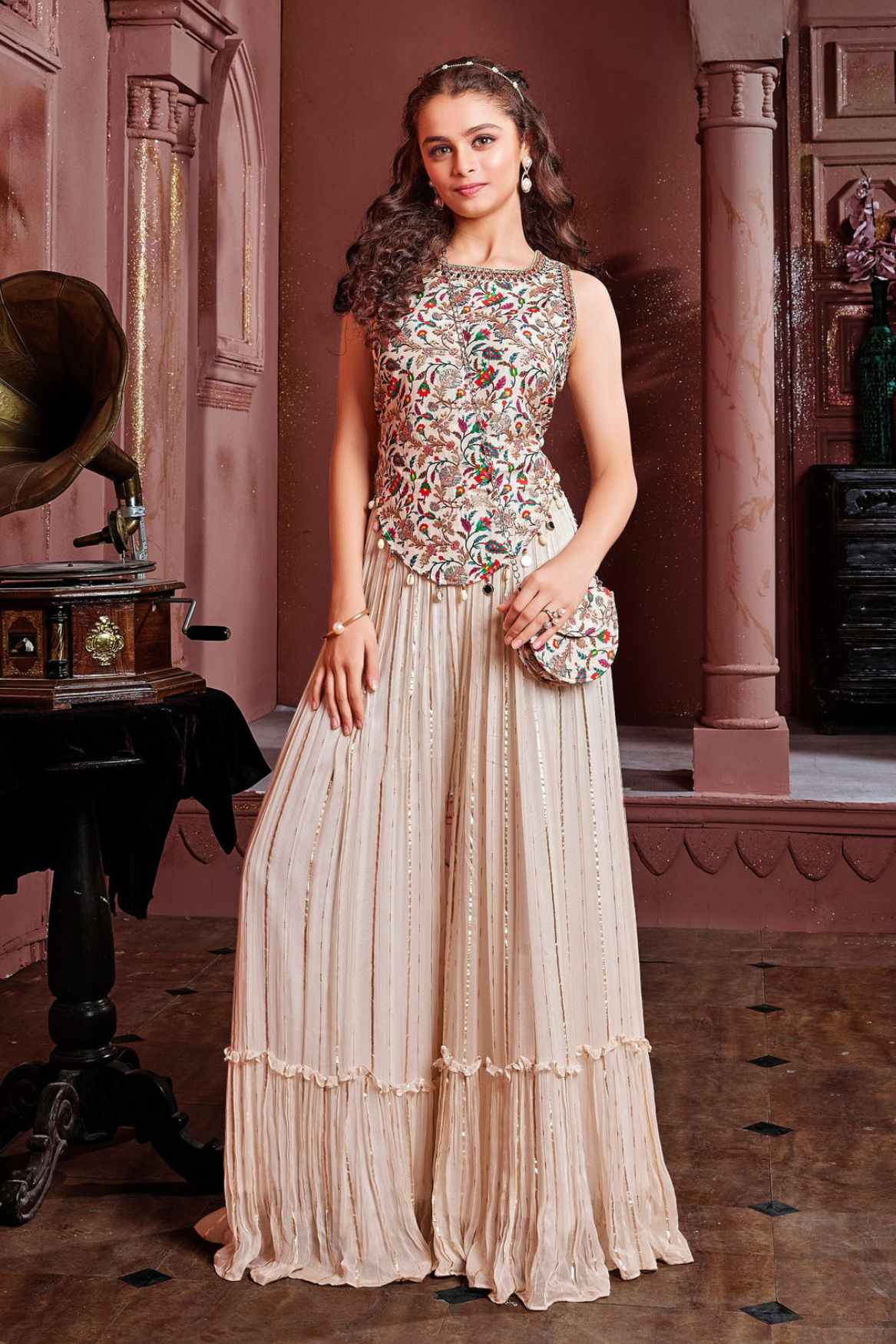 New Cream Embroidered Kurta And Palazzo Set With Sling Bag For Girls