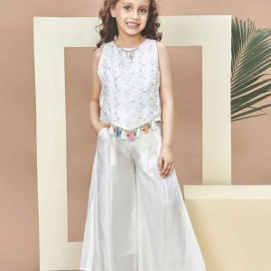 New Off-White Embroidered With Tassels Top And Palazzo Set For Girls
