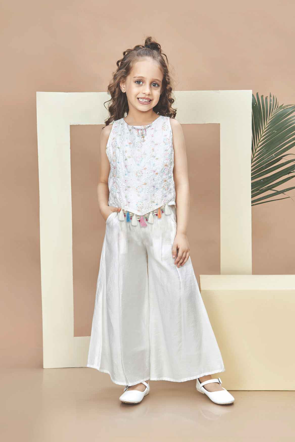 New Off-White Embroidered With Tassels Top And Palazzo Set For Girls