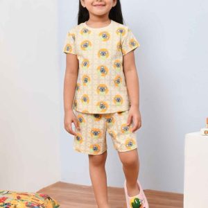 New Soft & Stylish Beige Checked And Cute Koala Printed Night Suit Set for Girls