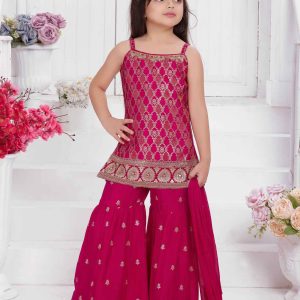 New Rani Pink And Gold Foil Printed Sharara Set For Girls