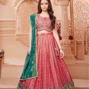 Rani Pink And Green Heavy Embroidered Lehenga Choli Set With Dupatta For Girls