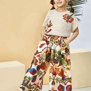Stylish Cream Crochet Top With Floral Printed Pant Set For Girls
