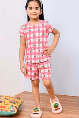 New Soft & Stylish Pink Checked And Teddy Bear Printed Night Suit Set for Girls - Image 4