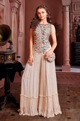 New Cream Embroidered Kurta And Palazzo Set With Sling Bag For Girls - Image 4