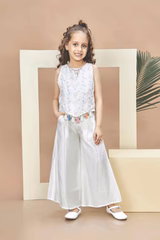New Off-White Embroidered With Tassels Top And Palazzo Set For Girls - Image 4