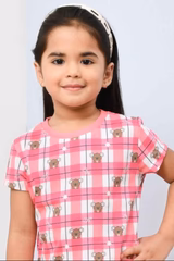 New Soft & Stylish Pink Checked And Teddy Bear Printed Night Suit Set for Girls - Image 3
