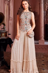 New Cream Embroidered Kurta And Palazzo Set With Sling Bag For Girls - Image 3