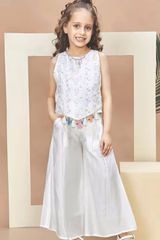 New Off-White Embroidered With Tassels Top And Palazzo Set For Girls - Image 3