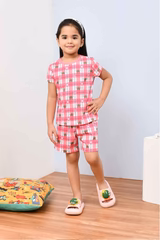 New Soft & Stylish Pink Checked And Teddy Bear Printed Night Suit Set for Girls - Image 2