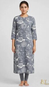 Product Name: Grey Pomegranate Print Straight Kurta Set Brand: BT - Bangaru Thalli Fabric: Imported Rayon - Soft, lightweight, breathable, premium drape Print / Pattern: Pomegranate / Anar with Leafy Botanical Print (White on Grey) Color: Slate Grey with Off-White Print Neck Type: Round Neck with Front Button Placket Sleeve: 3/4th Sleeves Length: 46 Inch Approx. Calf Length Fit Type: Straight Fit Bottom: Matching Grey Churidar / Leggings (as shown in image) - Available as Set Occasion: Office Wear, Daily Wear, Casual, College Work: All Over Digital / Screen Print Package Contains: 1 Kurta + 1 Bottom (if selling as set) / 1 Kurta Only