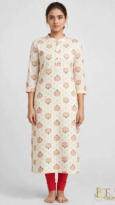 Women's Cream Beige Floral Mughal Print Straight Kurta | Imported Rayon Cotton | Mandarin Collar | 3/4th Sleeve | Office & Daily Wear - BT Bangaru Thalli