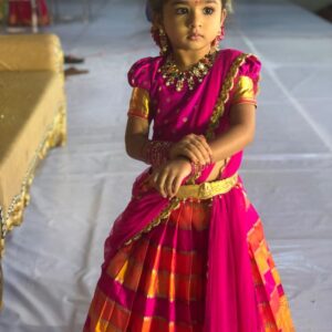 Kids Traditional Pattu Pavadai Langa Voni Set – Vibrant Pink & Orange