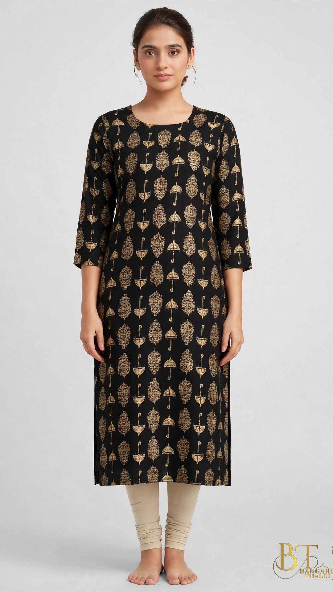 BT Bangaru Thalli - Jet Black Gold Umbrella Foil Rayon Kurta with Matching Churidar