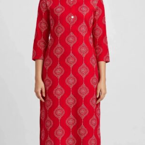 Red Circular Bandhani Print Straight Kurta for Women