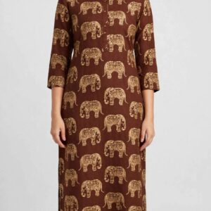 Chocolate Brown Elephant Gold Print Rayon Kurta with Matching Churidar
