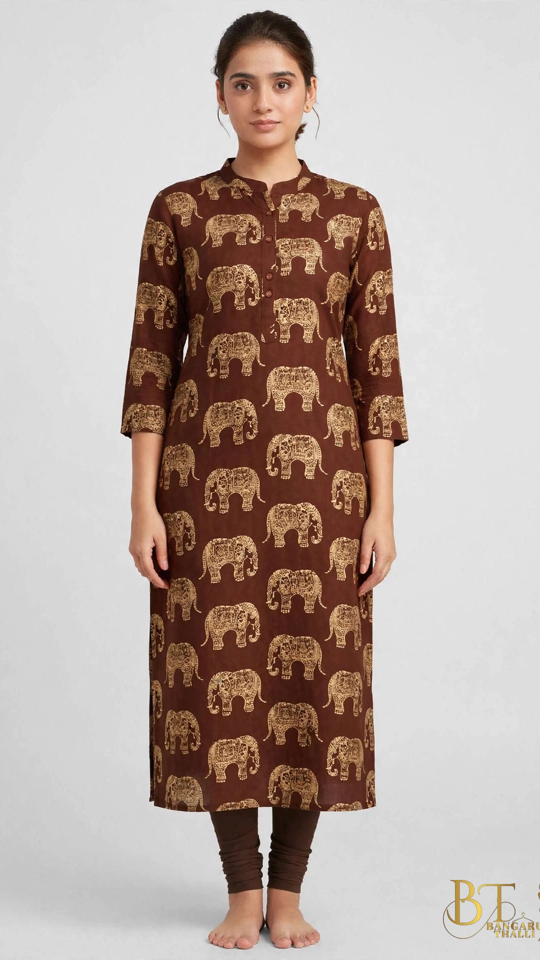 Chocolate Brown Elephant Gold Print Rayon Kurta