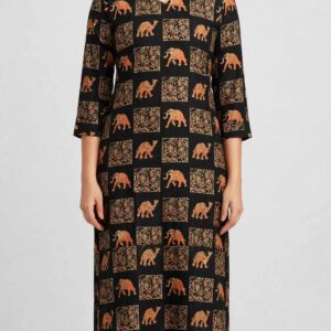 Black Orange Elephant Camel Block Print Rayon Kurta