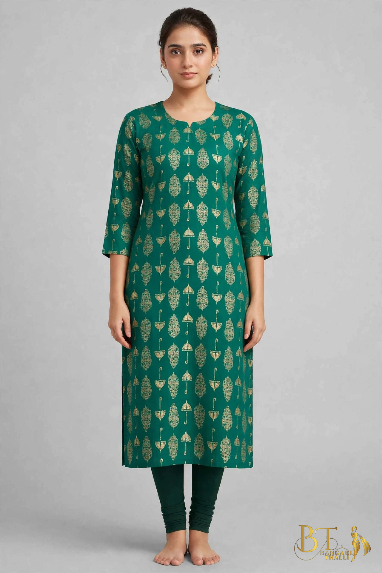 Emerald Green Umbrella Gold Foil Rayon Kurta