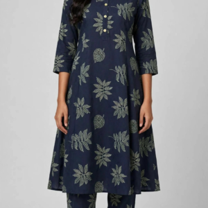 Women's Grey Leaf Printed Rayon Co-ord Set - Kurta Pant Set